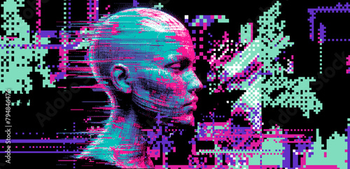 Pixelated silhouette of a 3D human head in neon colors on a dark background. Conceptual vector illustration about man in the age of technology. 