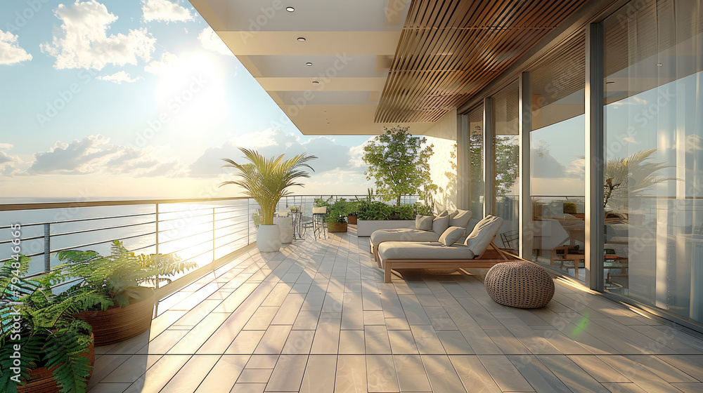 Fototapeta premium Plenty of sunshine balcony, big space. Generative AI.
