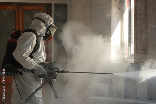 An exterminator using specialized equipment