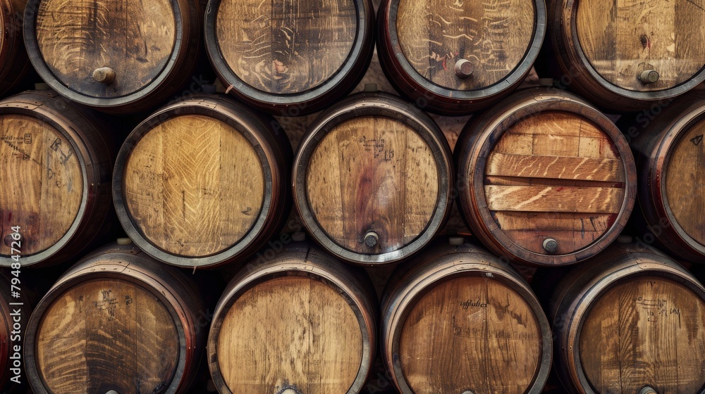 Background of wooden wine casks neatly arranged in a cellar Background of wooden wine casks neatly arranged in a cellar