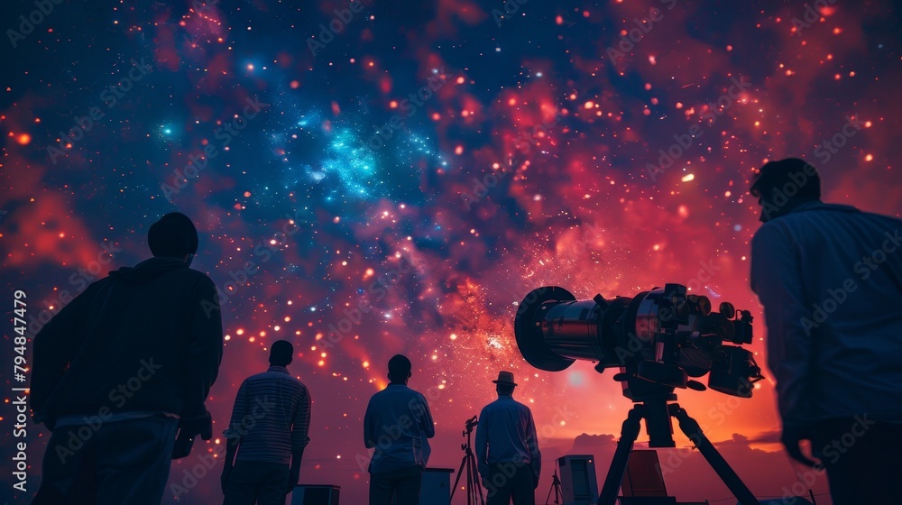 Telescope: A photo of a group of astronomers discussing observations at a telescope observatory