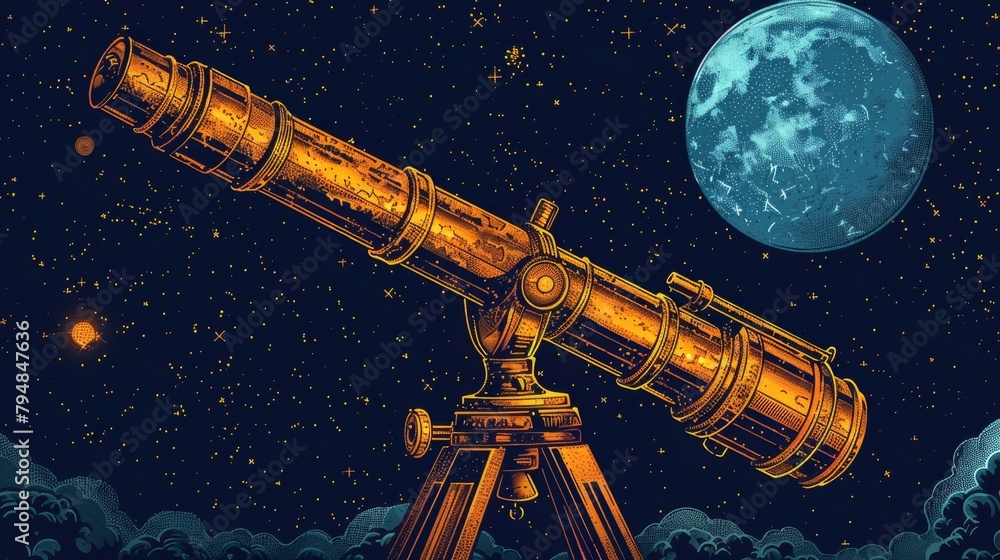 Naklejka premium Telescope: An illustration of a classic refracting telescope, reminiscent of early astronomical instruments