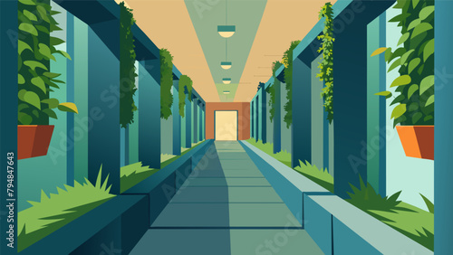 A hallway with a vertical garden on one side creating a beautiful and unexpected display of nature.