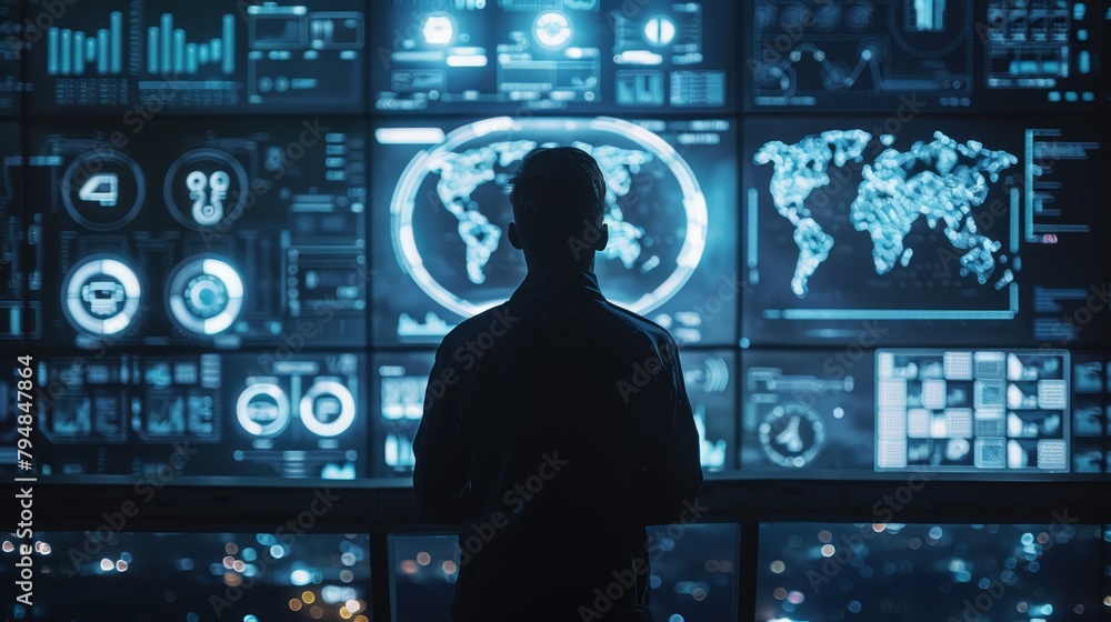 A person standing in front of a large video wall looking at data. A person standing in front of a large video wall looking at data.