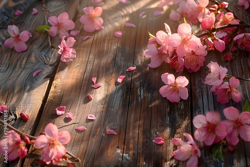 Scattered Peach Blossoms Adorning Rustic Wooden Surface with Soft Lighting photo
