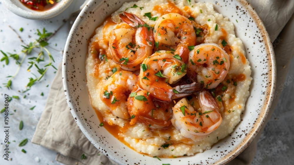 Deliciously arranged top view of Shrimp and Grits: sauteed shrimp on creamy grits with a savory sauce, captured on an isolated backdrop, studio light Deliciously arranged top view of Shrimp and Grits: sauteed shrimp on creamy grits with a savory sauce, captured on an isolated backdrop, studio light