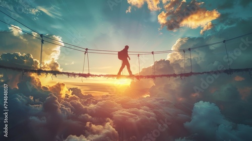 A person walking on a rope bridge in the sky with clouds below and the sun in the distance. photo