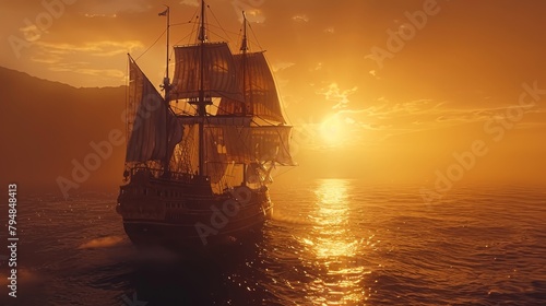 A pirate ship sails on the open sea at sunset.