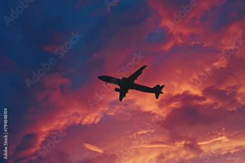 An airplane silhouette against a vibrant sunset sky.