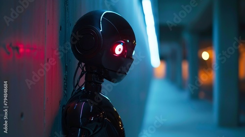 A robot with glowing red eye is leaning against the wall in a dark alley photo