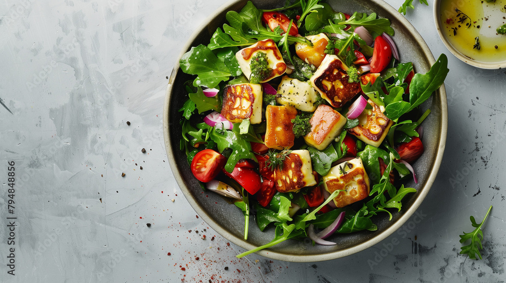 Savor the vibrant flavors of a fresh salad topped with grilled halloumi cheese, served against a sophisticated grey backdrop for a delightful dining experience.

