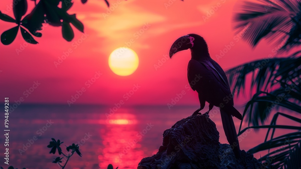 Fototapeta premium A silhouette of a toucan at sunset with a pink sky and palm trees.