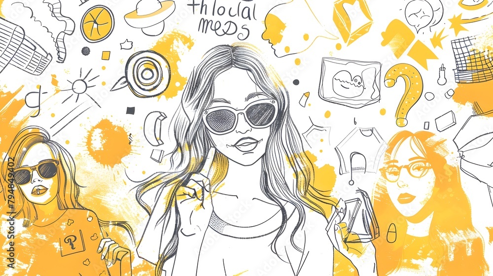 Creative Digital Sketch of Trendy Social Media Influencer in Fashionable Attire Engaging with Audience