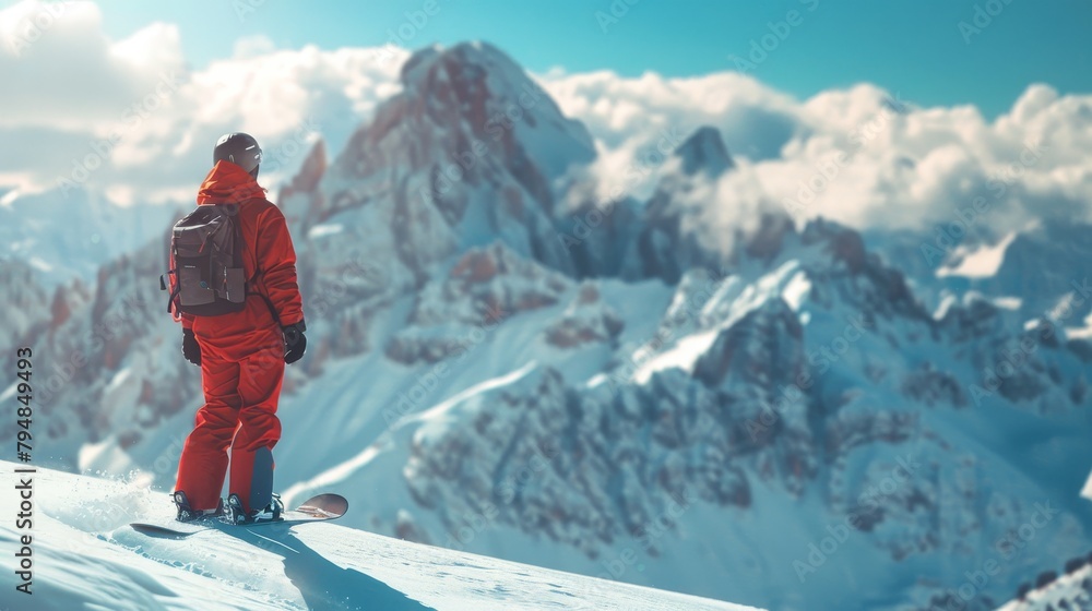 A snowboarder stands at the top of a snow-covered mountain, looking out at the view.
