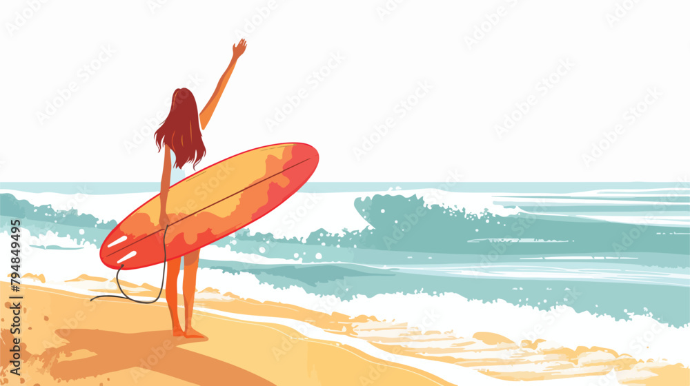 Woman holding her surfboard on the beach celebrating