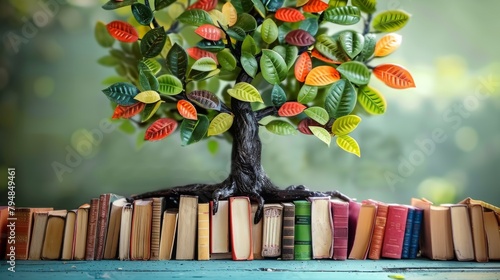 Wisdom tree with books as leaves. International Literacy Day concept. Tree growing out of book pile.