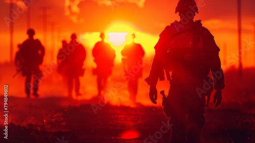 A soldier walks in front of a setting sun, his comrades following behind. photo