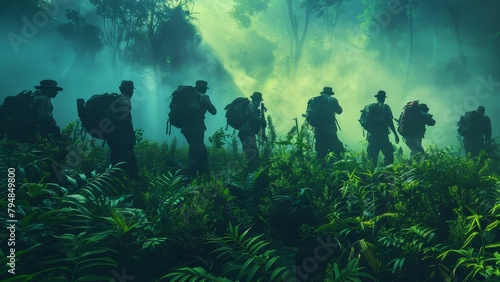 A squad of soldiers is walking through a dense jungle. photo