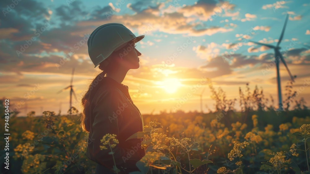 A woman engineer wearing a hard hat stands in a field of flowers and looks at the sunset near the wind turbines.