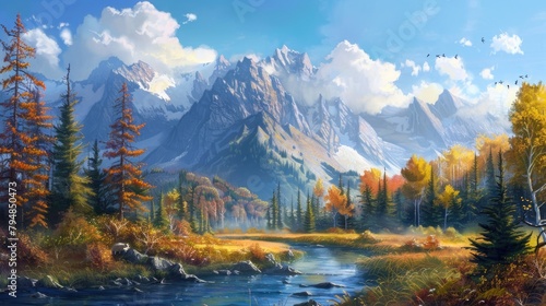 Vibrant fall mountains meadows and river
