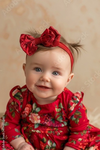 Baby girl wearing a festive red dress and matching bow, captured in a joyful moment in the studio