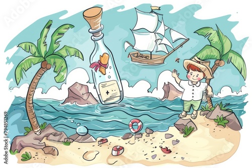 Cartoon cute doodles of a sailor boy discovering a mysterious message in a bottle while exploring a deserted island, Generative AI