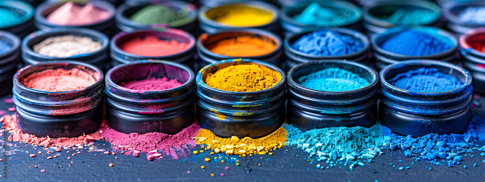 Colorful Powder Pigments, Traditional Holi Festival Colors, Indian Cultural Background - obrazy, fototapety, plakaty 