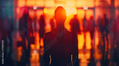 A woman standing in a crowd of people. She is looking forward with determination. The people around her are blurred and out of focus. photo