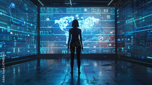 A woman standing in a futuristic room in front of a large screen with a map of the world.