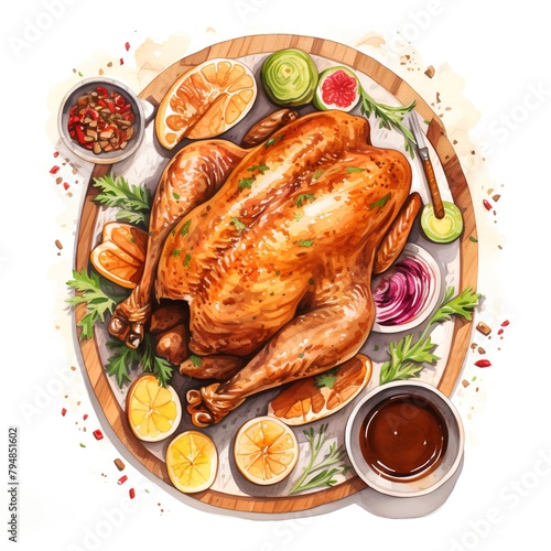Roast chicken with lemon, herbs and spices. Hand drawn watercolor illustration