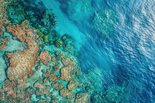 A vibrant coral reef thriving amidst clear turquoise waters, offering a glimpse of the beauty and biodiversity at risk due to climate change-induced coral bleaching and ocean acidification.