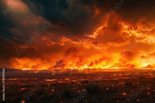 A vast wildfire raging across the horizon, illuminating the night sky with an ominous orange glow, underscoring the intensifying frequency and severity of wildfires fueled by climate change.
