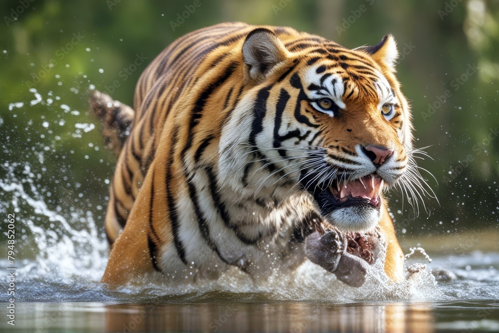 'view tigris siberian rect angle panthera environment altaica camera splashing water rectly predator tiger running attacking taiga face photo low action wildlife wildcat wild summer striped stripes'