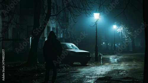 A masked thief stealthily approaching a car parked on a deserted street under a streetlamp photo