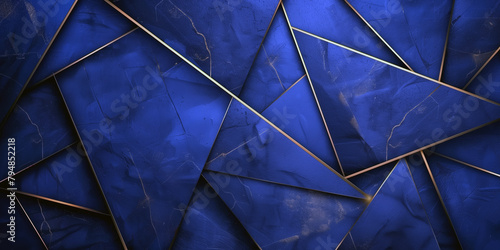 Dark blue abstract background with gilded line triangular patterns in gold. Generative AI.