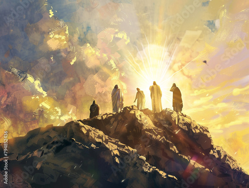 Transfiguration scene with Jesus glowing brightly, surrounded by heavenly rays of light and followers. photo