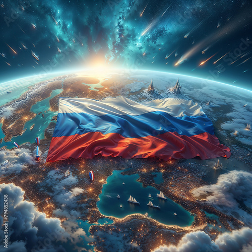 3D rendered Russia flag, isolated on a clean background. High-quality, realistic depiction perfect for various uses, Generated by AI. photo