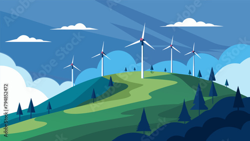 A hilltop covered in towering wind turbines standing tall against a cloudy sky.