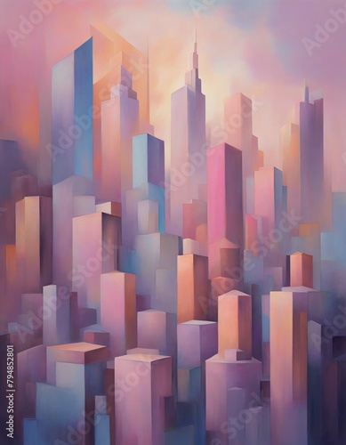 Dreamlike, flat, geometric cityscape in oink and blue pastel colors, Generative AI. photo