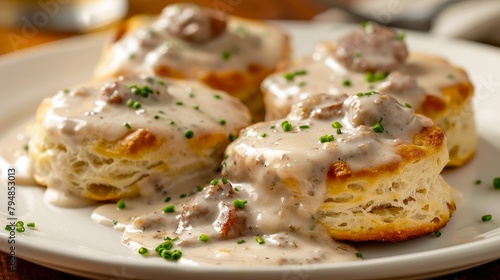 Delectable Southern breakfast featuring fluffy biscuits with creamy sausage gravy, highlighted under studio lights, isolated background