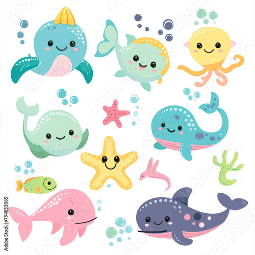 Cute cartoon clipart with sea life for kids. sea animals elements isolated on white background in flat style for stickers  cards  invites and posters. Collection of ocean creatures  pastel colors