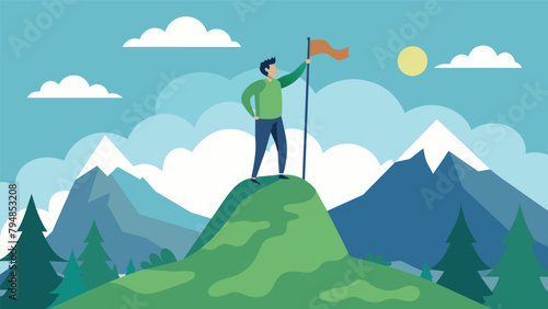 A person standing on a mountaintop holding a flag that reads Wilderness preservation our shared responsibility.