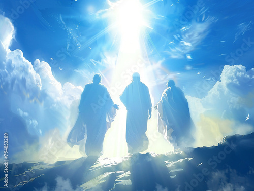 A religious painting showing Jesus shining brightly during the Transfiguration, surrounded by disciples on a mount.