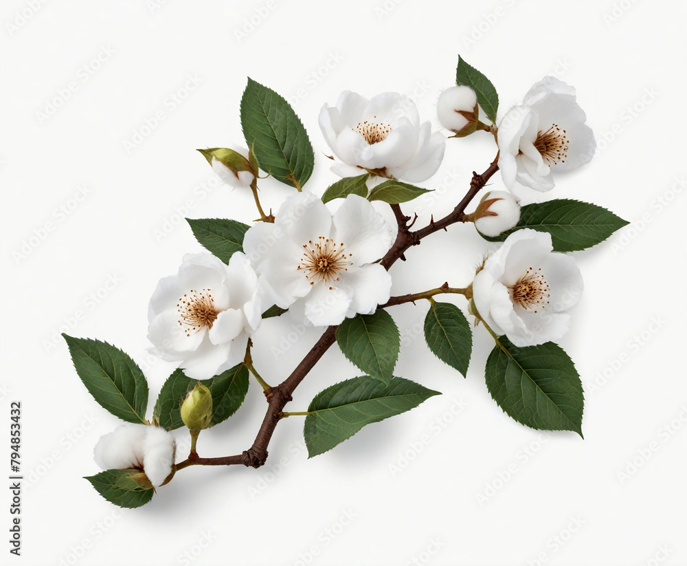 Obraz premium Tree branch with cotton flowers, cut out on white background
