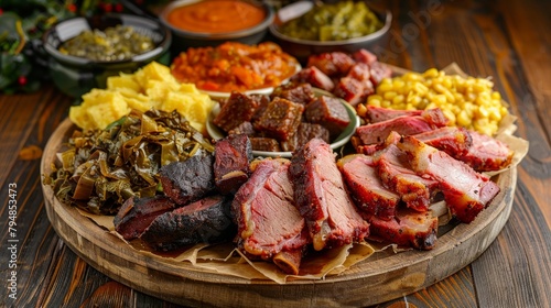 Delectable arrangement of Southern comfort foods featuring collard greens with smoked meat, perfect for culinary ads, on an isolated background