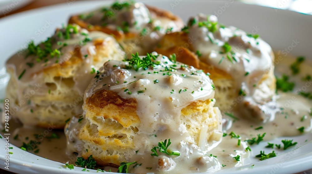 Culinary delight, top view of fluffy biscuits drenched in creamy sausage gravy, perfect for a food blog, clean isolated background Culinary delight, top view of fluffy biscuits drenched in creamy sausage gravy, perfect for a food blog, clean isolated background