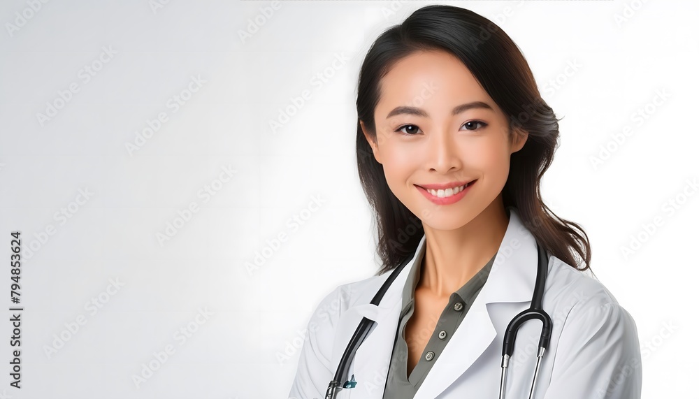 Smiling Asian female doctor on a white minimalist background Smiling Asian female doctor on a white minimalist background