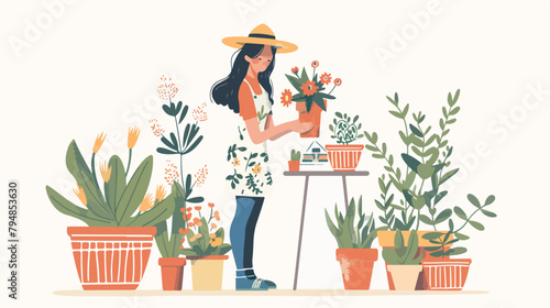 Cheerful flower arranger taking care of a plant in her shop photo
