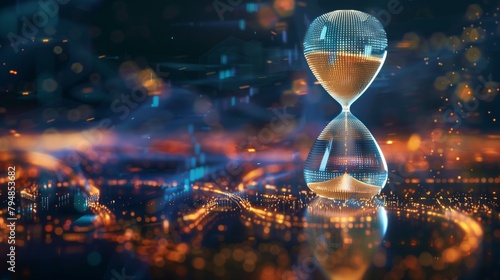 An hourglass with digital pixels spilling like sand, symbolizing the passing of time in the digital era and the accumulation of electronic waste.