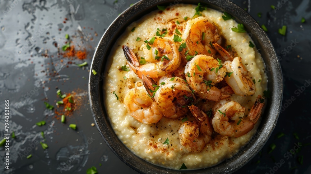 Culinary delight in a top shot of Shrimp and Grits with creamy textures and a topping of succulent shrimp, focused lighting, isolated background